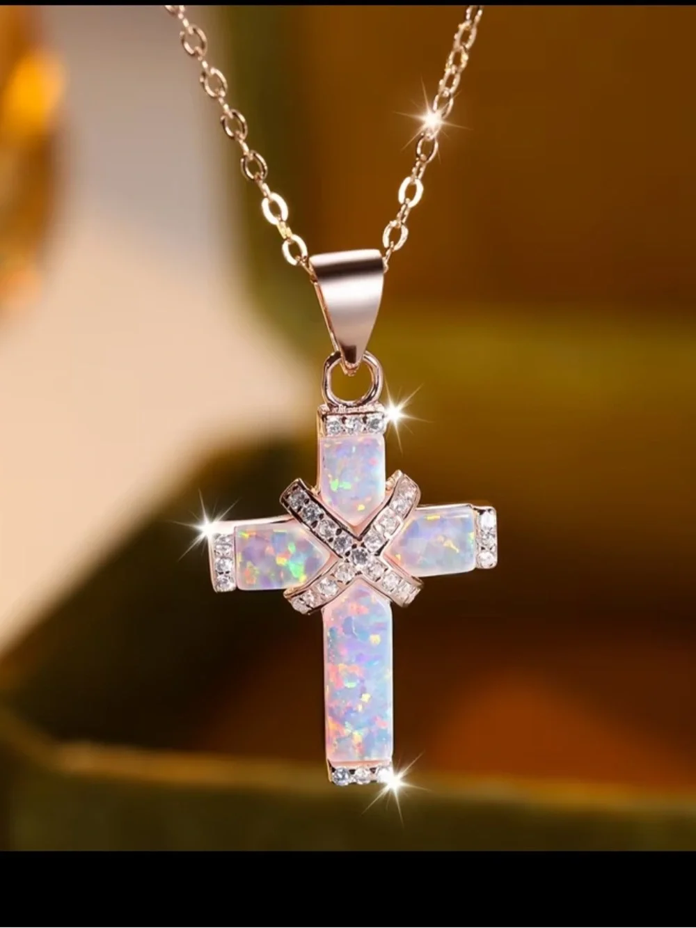 Opal Cross Pendant Necklace in Rose Gold - Women's Jewelry